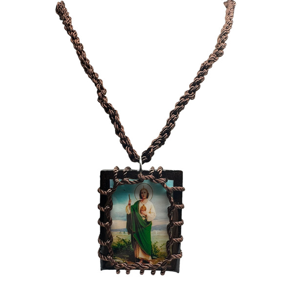 Large St Jude Scapular Necklace Knotted Rope Brown Wood Charm Handmade NEW - Picture 2 of 2